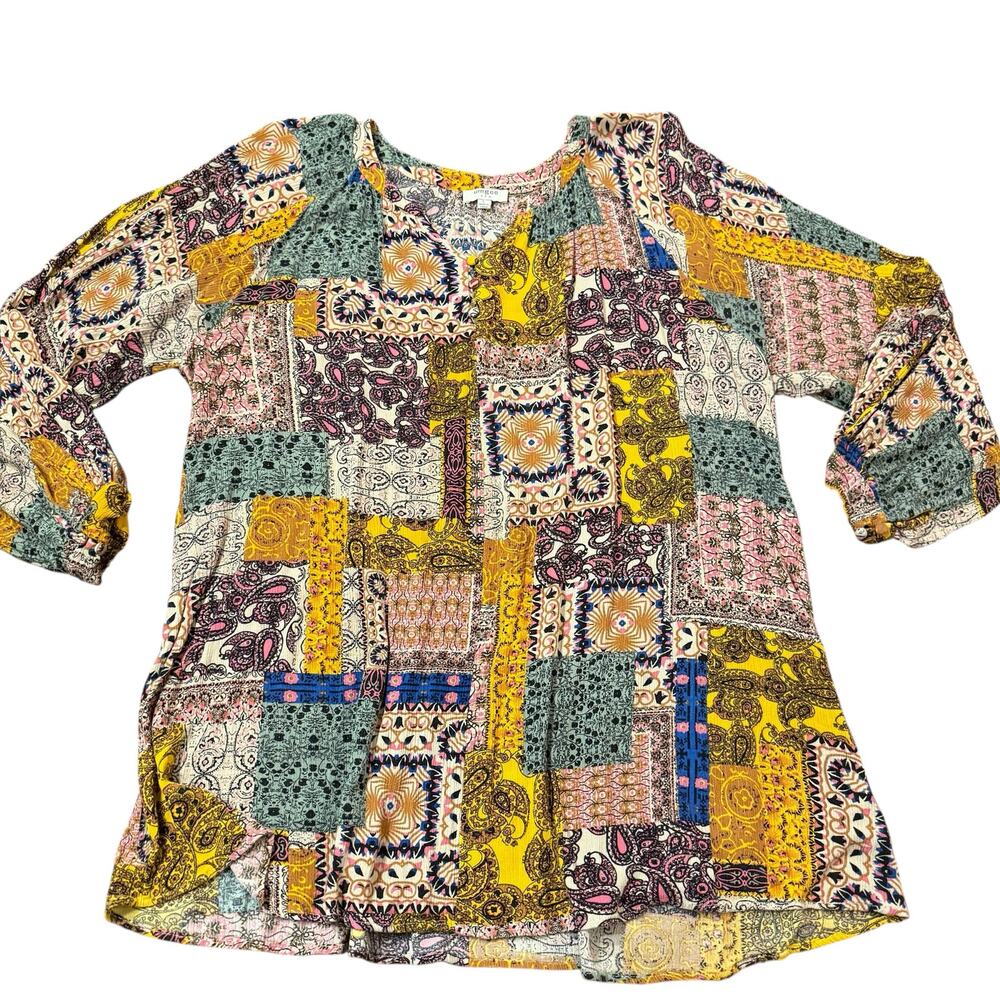 Umgee Women’s mixed pattern boho crinkle tunic blouse L